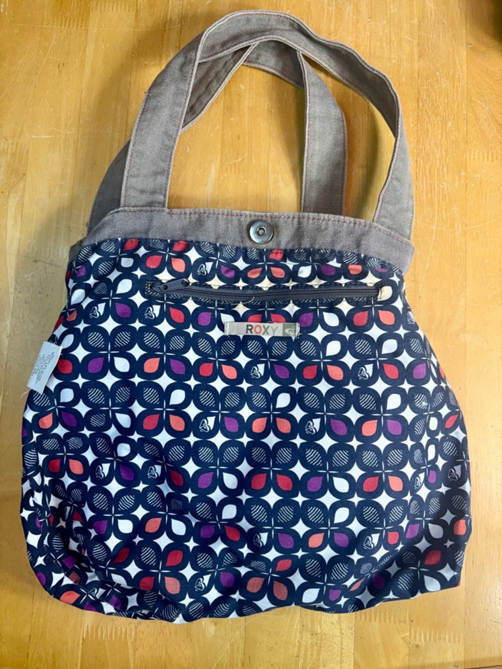 Roxy Denim Purse Tote Gray Blue Salmon Pink Button Pleats Y2K Satchel Straps - Picture 3 of 10